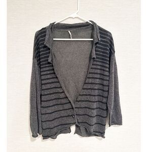 Free people linen blend gray striped collared cardigan sweater